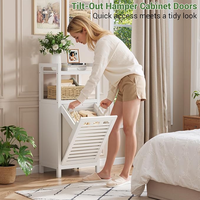 Homykic Tilt Out Laundry Hamper, 10 Gal Bamboo Laundry Storage Cabinet with Removable Basket, Hidden Hamper Organizer with Shelf for Dirty Clothes, Bathroom, Laundry Room, Space Saving, White