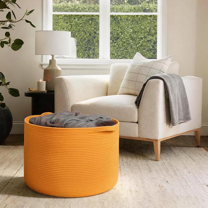 MEGASKET Extra Large 115L Orange Basket, 23.6"x15.7" Woven Cotton Rope Bins for Blankets, XXXL Baby Nursery Laundry Towel Basket, Oversized Kids Dog Toy Storage Box, Orange Living Room Decor Organizer