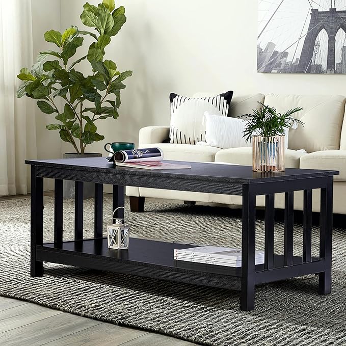 ChooChoo Mission Coffee Table, Black Wood Living Room Table with Shelf, 40 Black