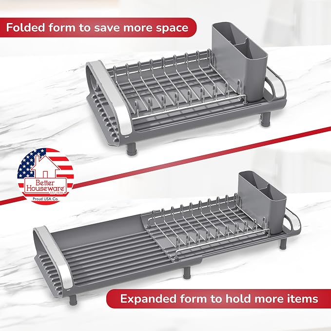 Better Houseware in Sink Dish Drying Rack, Dish Drying Rack in Sink with Non-Slip Handles, Stainless Steel Space-Saving Design, Dish Rack Holds 8 Plates, 12.25 x 18 x 10.75 Inch, Gray