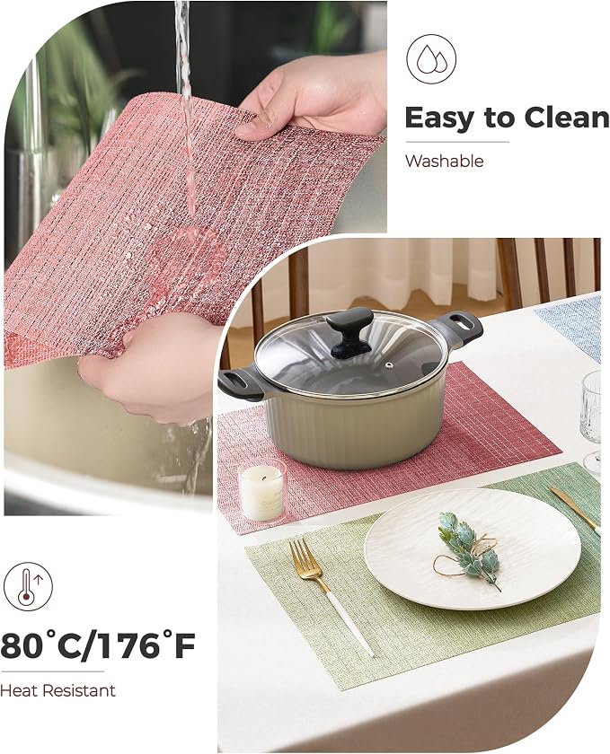 Leetaltree Gradient Pink Woven Placemats Set of 6 - Heat Resistant Non-Slip Place mats for Dining Table, Washable Durable PVC Vinyl Woven Table Mats(Gradient Pink, 6)