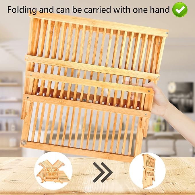Bamboo Dish Drying Rack with Utensil Holder Set,3-Tier Collapsible Wood Dish Drying Rack for Kitchen,Folding Bamboo Drying Rack with Utensils Flatware Holder,Space-Saving Storage