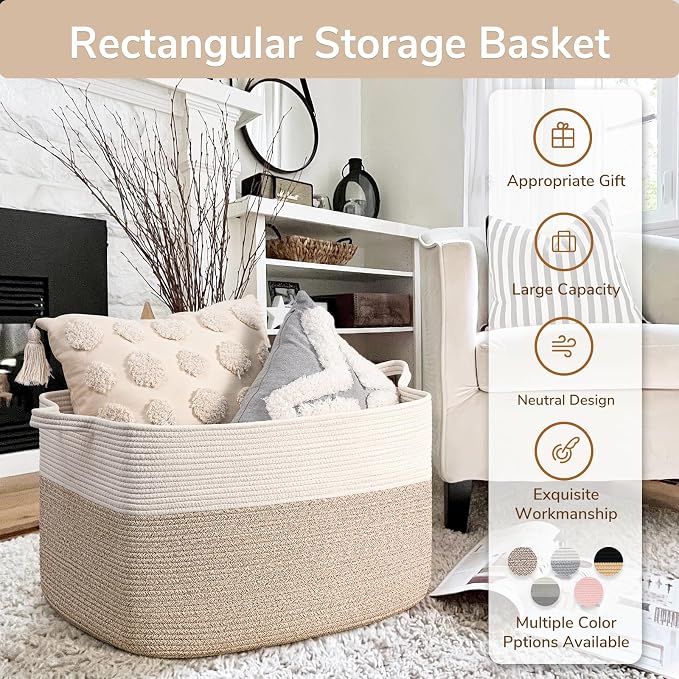 Goodpick 85L Large Woven Basket 23.6" x 15.7" x 13.8" Cotton Rope Storage Organizer for Blankets Dirty Clothes, Rectangle Toy Storage Basket for Nursery Home Decor, Brown