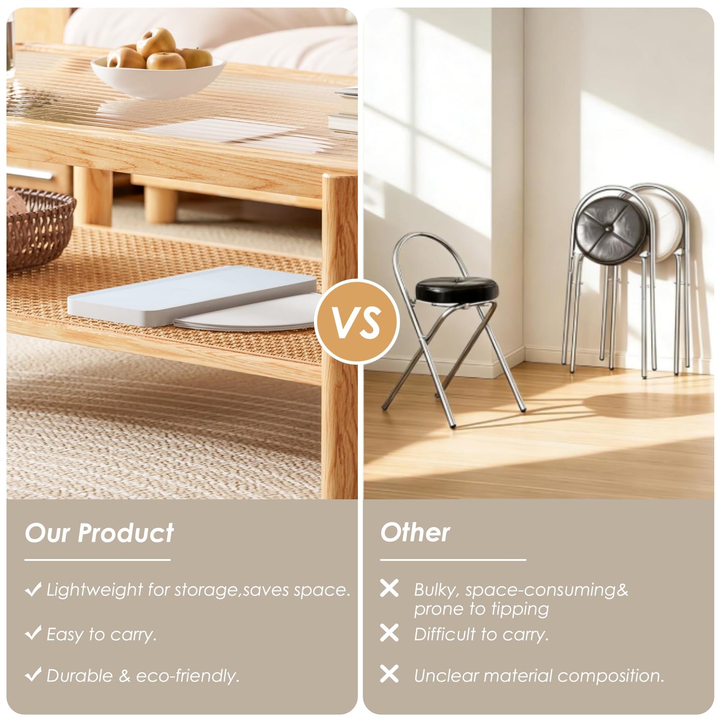 Folding Stool - 17-Inch Foldable Paper Stool, Portable, Made with Eco-Friendly Kraft Paper Honeycomb Design, Only 1.2 Inches Thick When Folded, Modern Minimalist Brown Living Room Stool