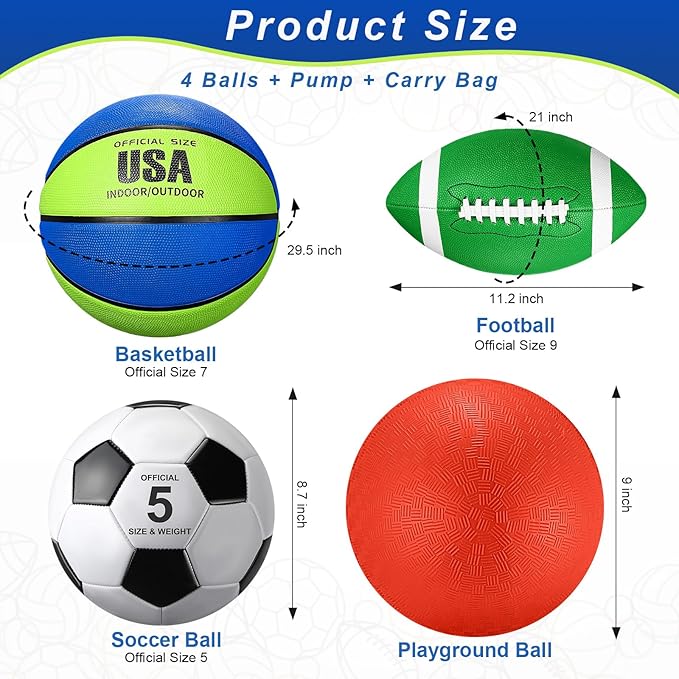 Lenwen 4 Pcs Sports Balls Set, Include Official Size Basketball Soccer Football Playground Ball Pump Equipment Bag for Teen Adult Gift Operation Christmas Ball Gifts