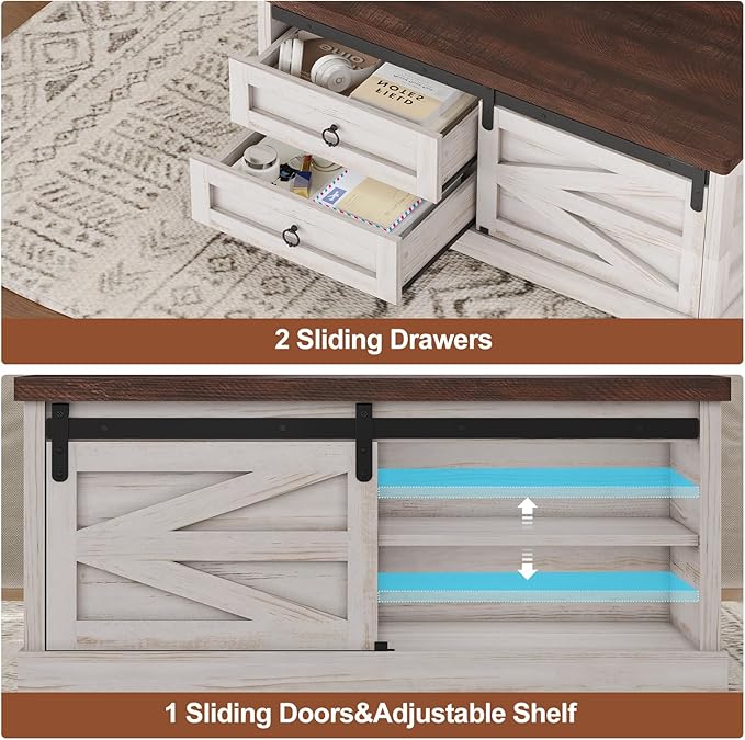 Itaar 39.4'' Lift Top Coffee Table with Storage, Farmhouse Coffee Tables for Living Room, Square Coffee Table with Large Hidden Compartment & 2 Drawers & Adjustable Shelves, Vintage White+Walnut