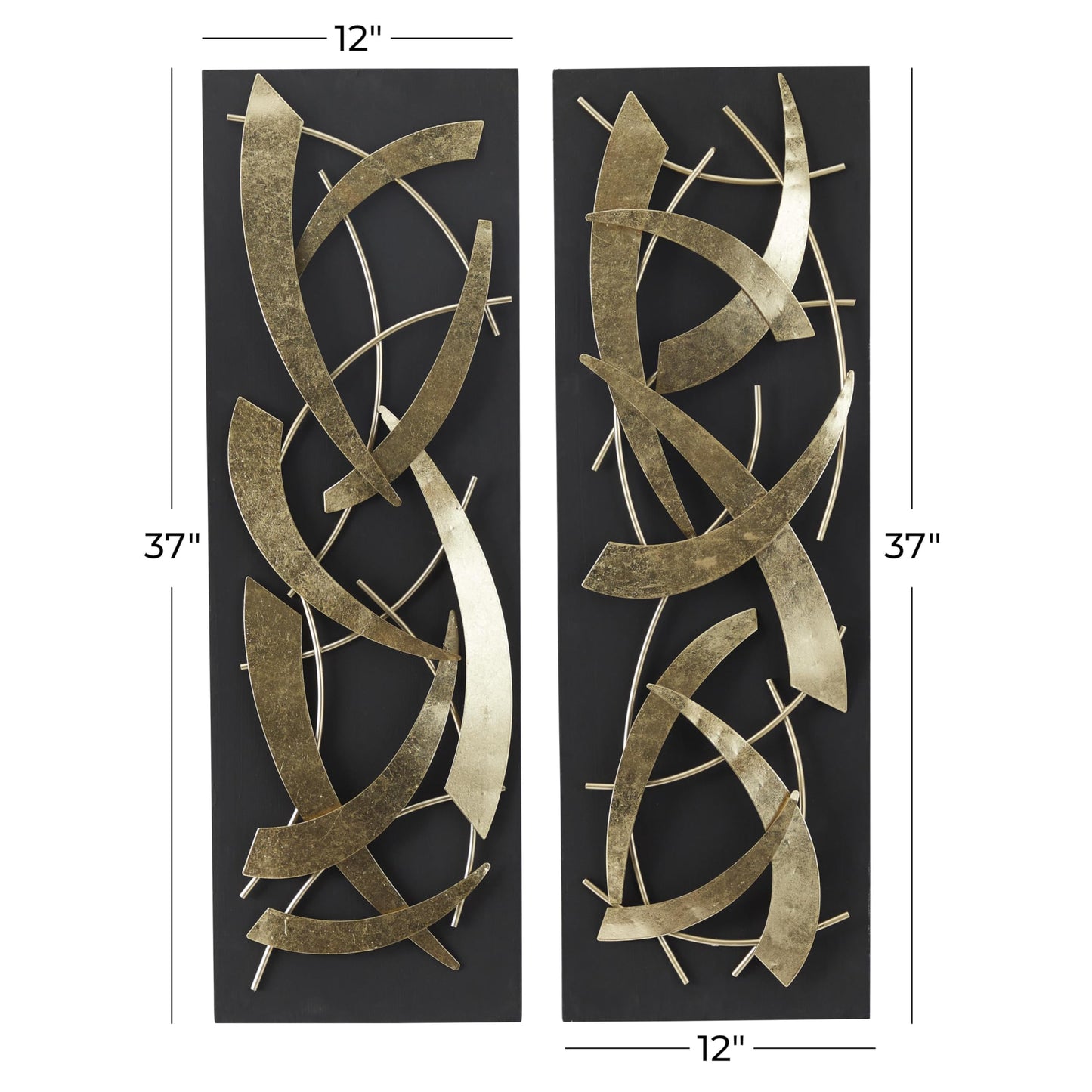 Deco 79 Metal Abstract Home Wall Decor Dimensional Wall Sculpture with Black Wood Backing, Set of 2 Wall Art 12"W, 36"H, Gold