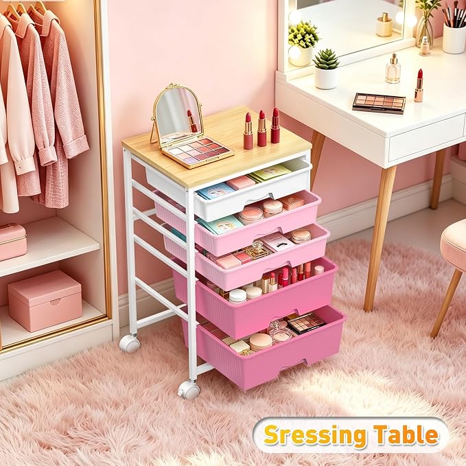 SUNALLY Rolling Storage Utility Cart With 5 Drawers, 5 Tier Rolling Cart with Wooden Tabletop and 2 Lockable Wheels, Storage Drawer Cart for Craft Art Supply Storage & Home Office Organization, Pink
