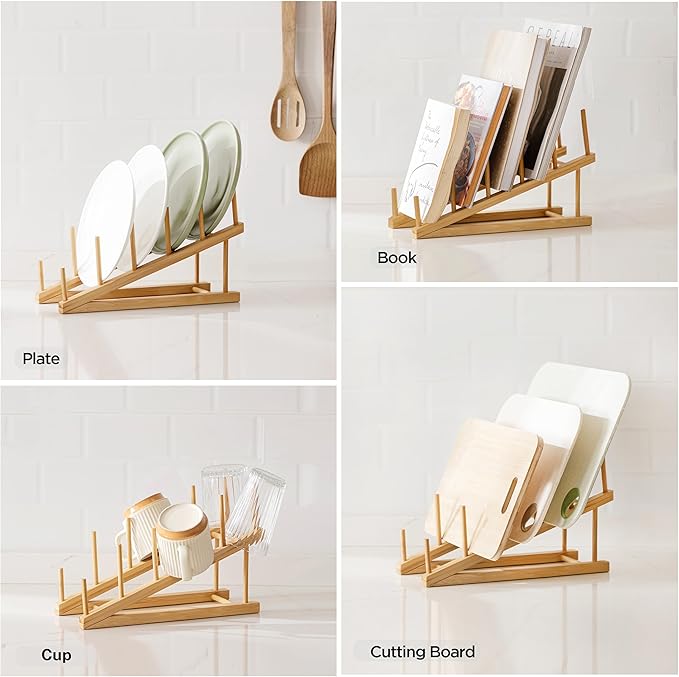 HBlife Bamboo Wooden Dish Drying Rack, 2 PCS Plate/Dish/Book/File/Bowl/Cup/Cutting Board/Pot Lid Organizer for Kitchen Counter, Office, Display Cabinet