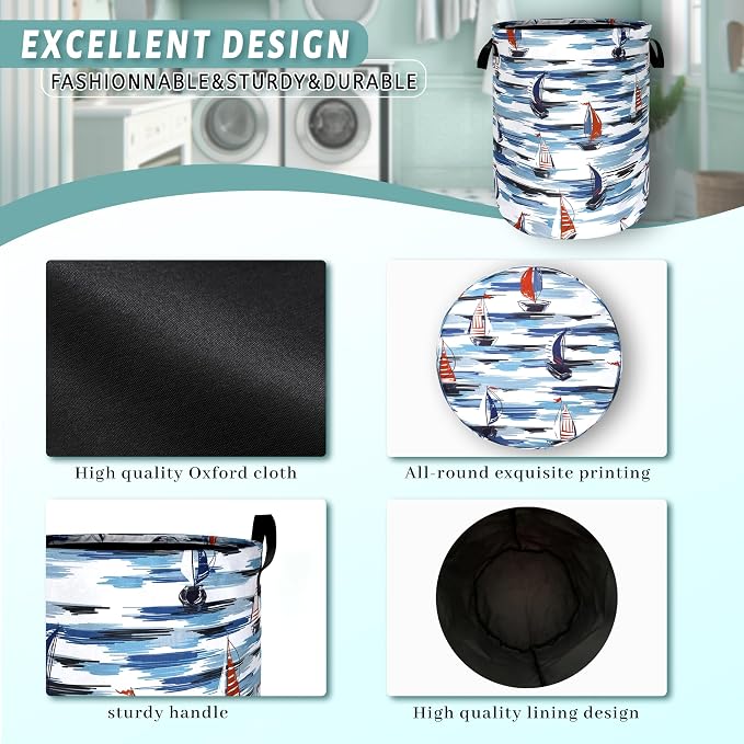 Nautical Laundry Basket Foldable Blue Seafaring Theme Print Laundry Hamper Oxford Cloth Funny Tote Bag Clothes Toy Storage Bucket For Bathroom/Laundry Storage/Bedroom 18.9 x 16.5 Inch