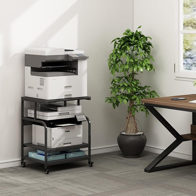 Fannova Printer Stand, 23.6 x18.9 x 30 Inches Large Printer Table with Adjustable Storage Shelf, 3 Tier Rolling Printer Cart with Wheels for Home Office, Stand for Heat Press Mini Fridge, Black
