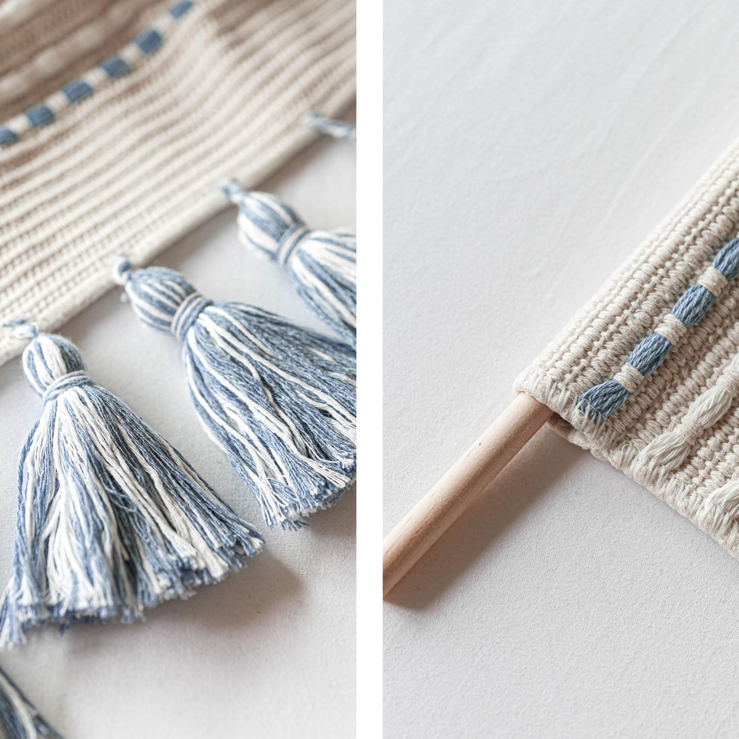 BlissBlush Long Vertical Wall Hanging Tapestry Coastal Blue Woven Boho Farmhouse Décor Tassel Handmade Wall Art Decoration for Bedroom Living Room Dorm Nursery Apartment, 16x39 INCH