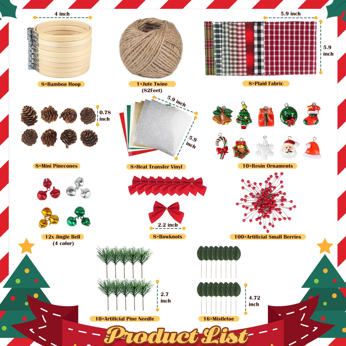 Ecoofor 8 Pack DIY Christmas Ornaments Craft Kit, Christmas Ornaments Kits with Plaid Fabric Bamboo Hoops Pinecones Berries and Other Accessories, Perfect for Christmas Crafts and Holiday Decorations