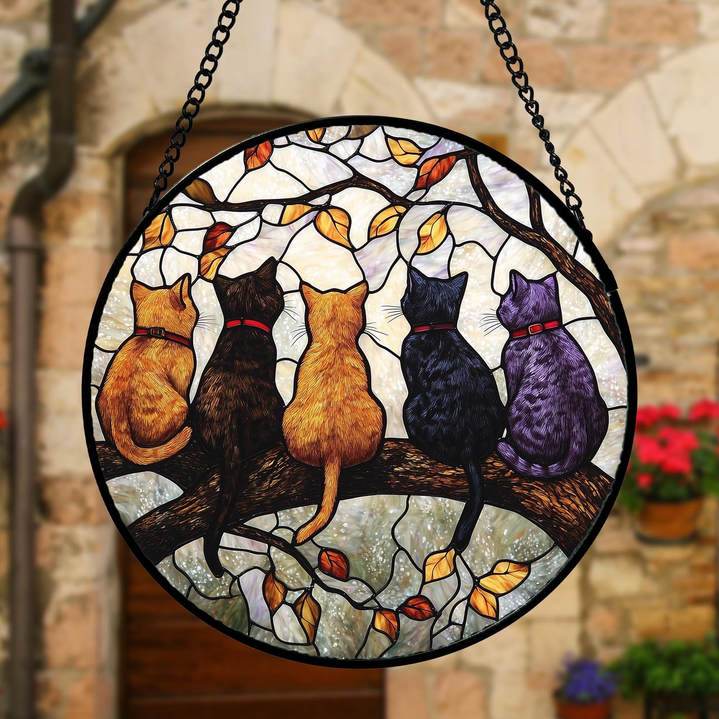 DASTOLL Stained Glass Window Hanging - 5 Cats on a Branch Suncatcher for Window Doors Home Decoration and Christmas, Mother's Day Father's Day Birthday Gifts for Women, Men, and Mom 9.8x9.8 in