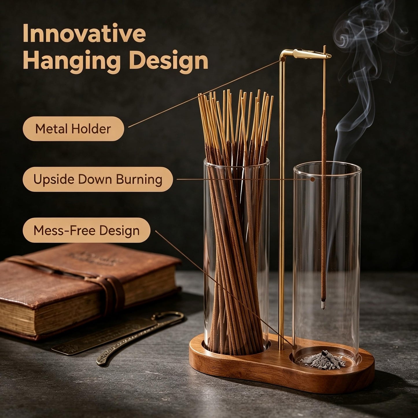 Moocervi Incense Holder,2 in 1 Incense Sticks Burner Holder with Storage,Hang Upside Down Incense Holder for Sticks with Glass Ash Catcher for Meditation Yoga Spa Room Decor (Brown)