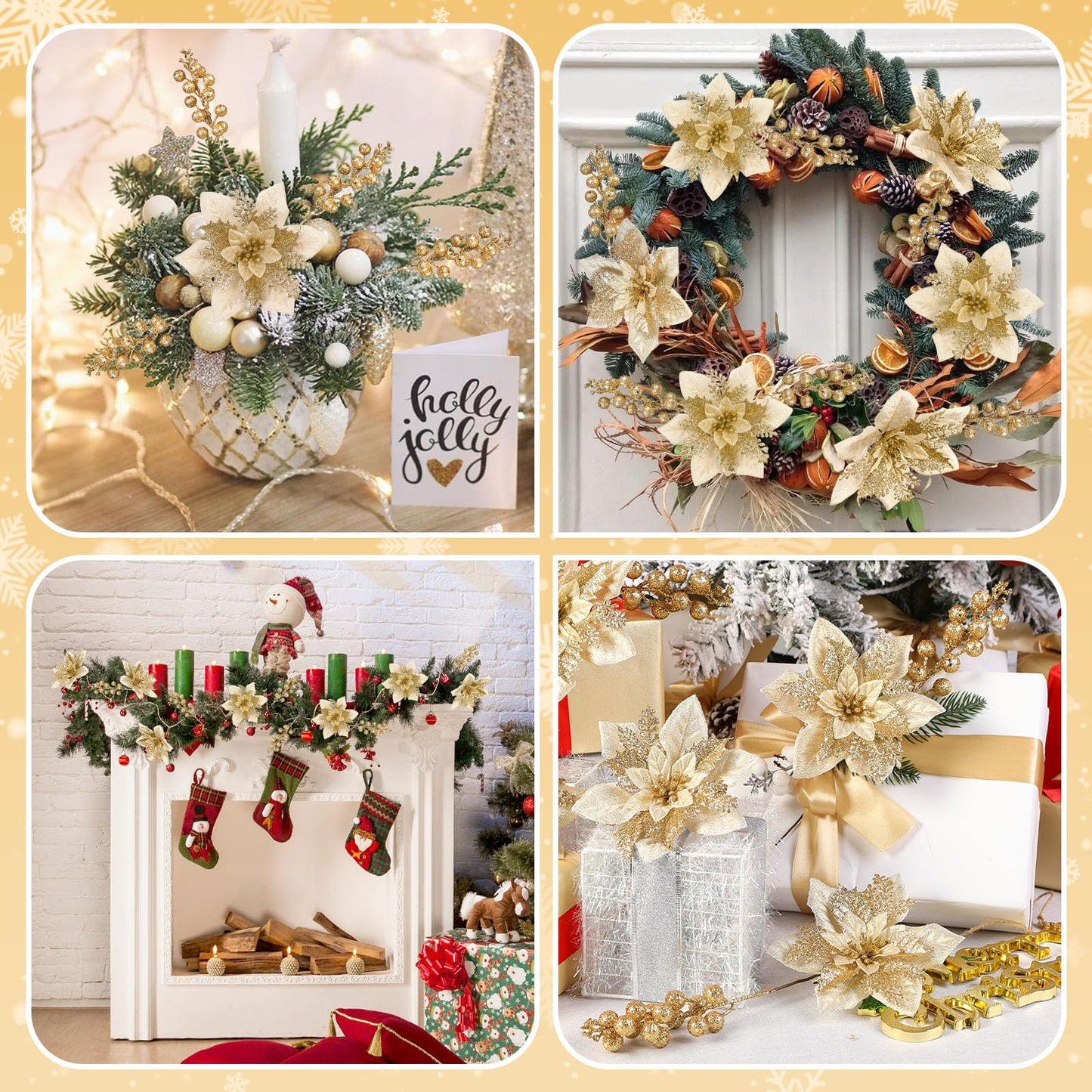 Alupssuc 24 Pieces Christmas Tree Decorations, 12 PCS Gold Poinsettia Flowers Artificial and 12 PCS Glitter Christmas Tree Picks for Christmas Decorations Party Wreath Fireplace Stairs, Gold