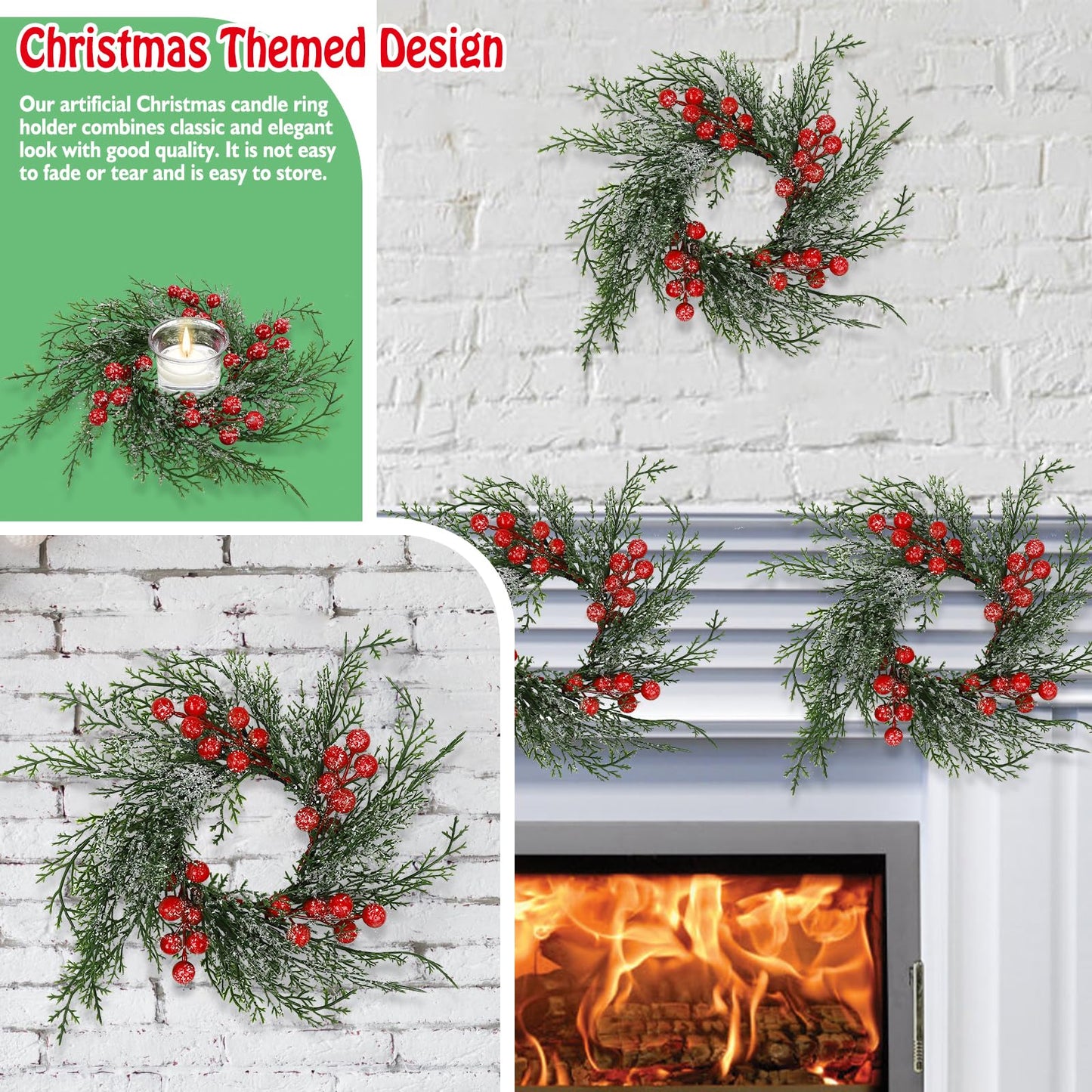 Serlvan 10 Pcs Christmas Candle Rings Wreath Artificial Candle Rings with Red Berry, Snowy Pine Garland Candle Ring Holder for Christmas Decorations Table Centerpiece