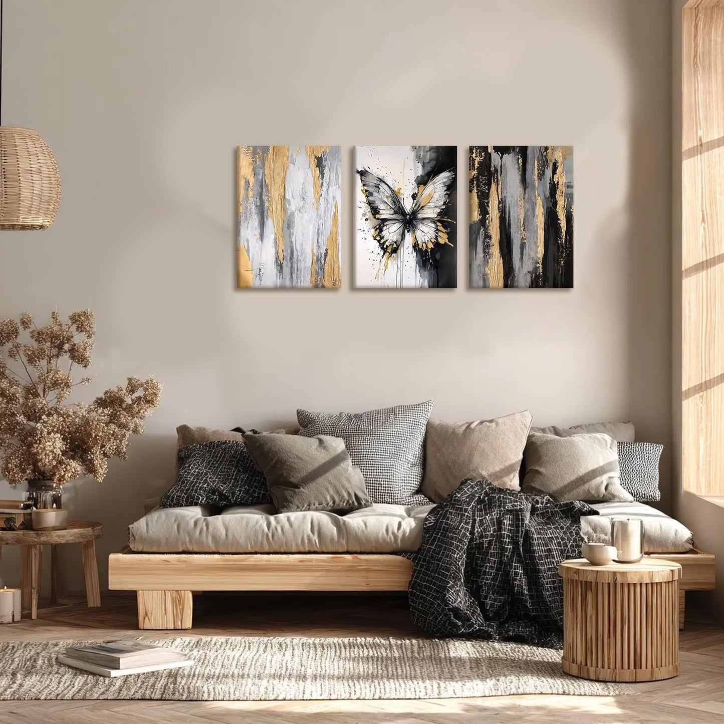 NCCXNCC 3Pcs Abstract Black and Gold Flowing Butterfly Canvas Wall Art Modern Minimalist Wall Decoration Artwork Black and White Abstract Poster Print Suitable for Living Room/Office12x16Inch Framed