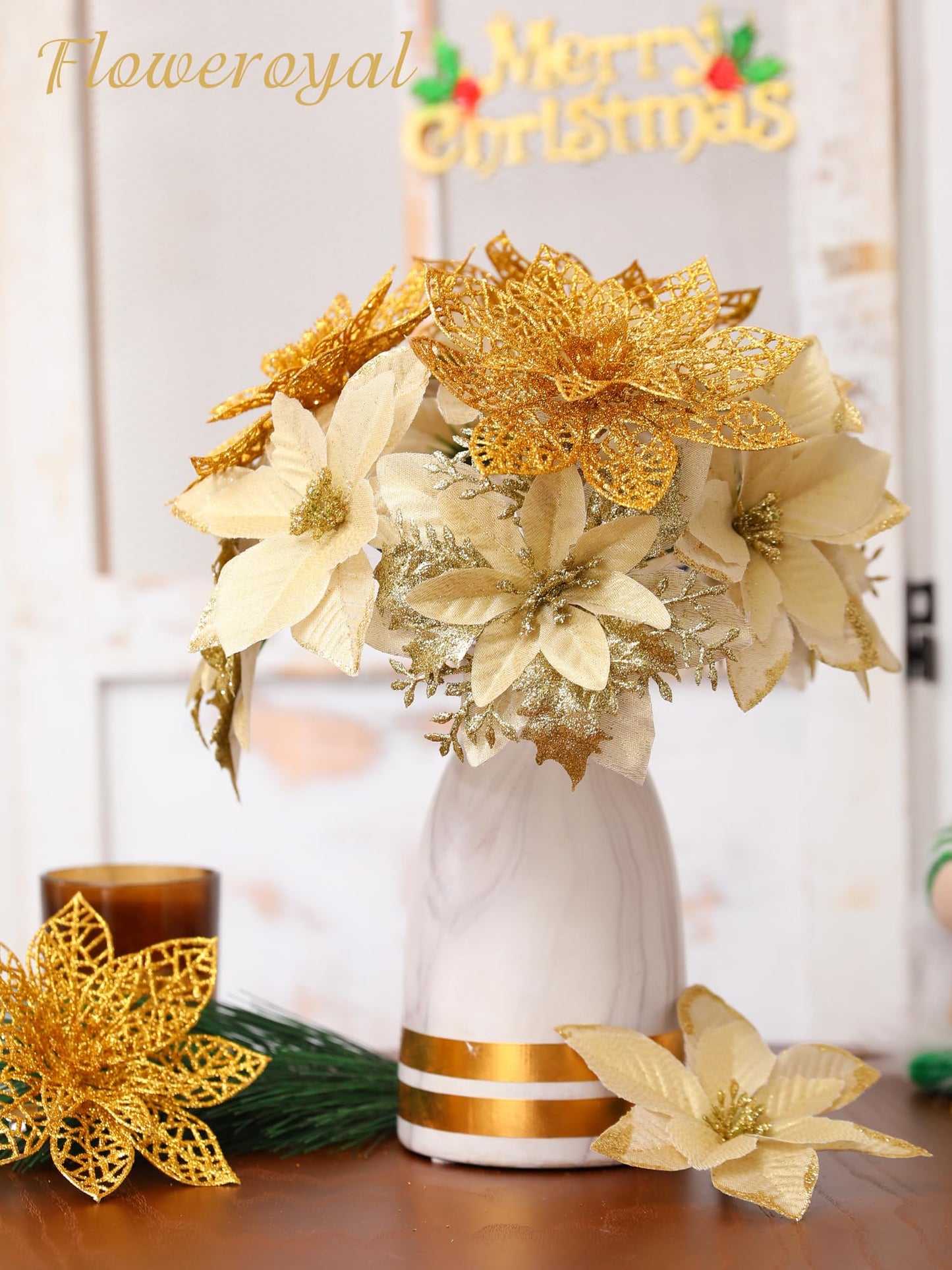 Floweroyal 30pcs Poinsettia Artificial Christmas Flowers Decorations with Clips and Berry Stems Glitter Ornaments for Christmas Tree Wreath Fireplace Stairs Decor (Gold-3 Styles)