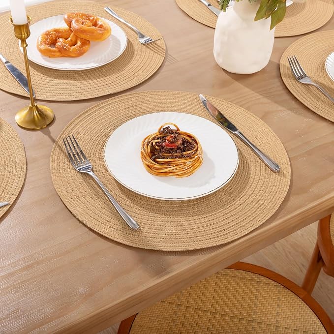 SHACOS 15 inch Round Braided Placemats Set of 6 Cotton Polyester Heat Resistant Round Table Mats Washable Place Mats for Dinner Party Table Decoration (Camel, 6)