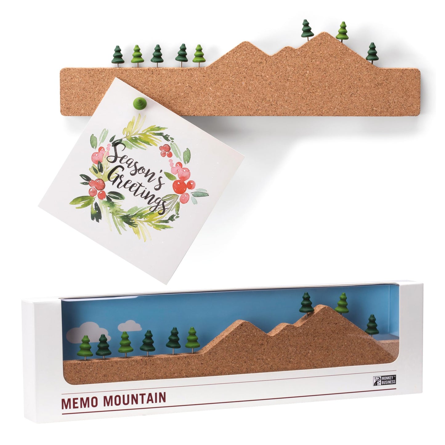 Monkey Business Memo Mountain Cork Board Strip - Corkboard Pin Board with Mountain Scene Pushpins, Office Accessories, Cute Cork Boards for Walls