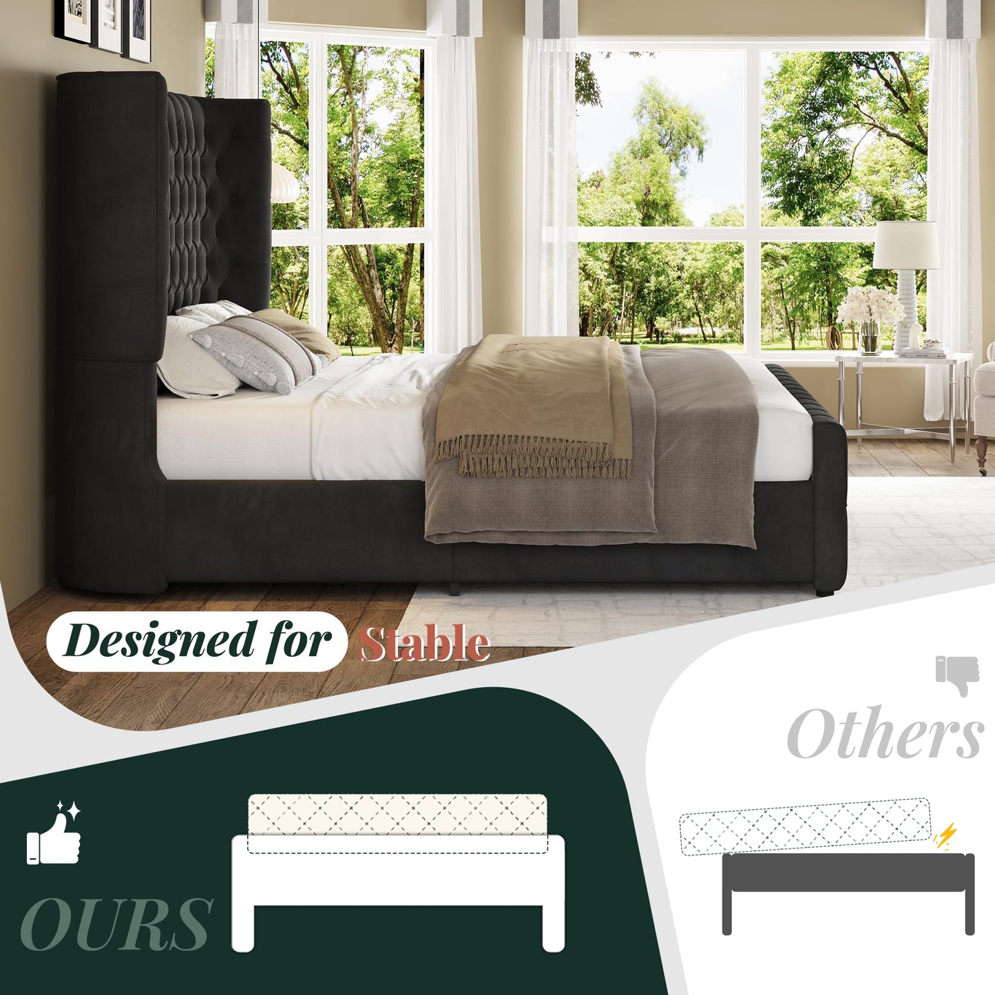 Jocisland King Size Platform Bed Frame, 6.3" Thick Upholstered Curved Wingback Headboard and Footboard with Deep Button Tufted, Easy Assembly, No Box Spring Needed, Black Velvet