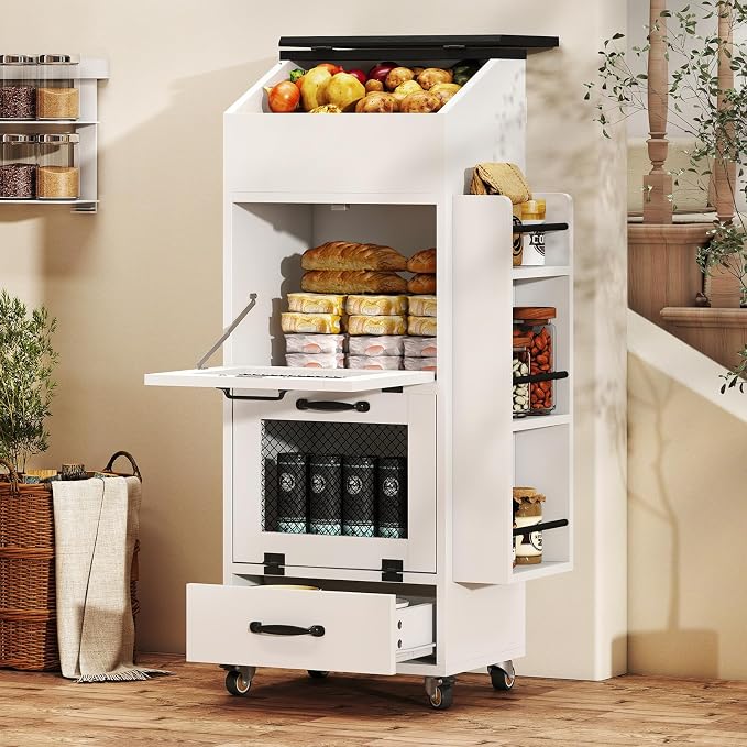 Verano Garden Potato and Onion Storage Bin on Wheels, Wood Bread Box with Lid & Mesh Doors, 4-Tier Rolling Fruit and Vegetable Storage Organizer w/Drawer & Side Rack for Kitchen (White, 16.0")