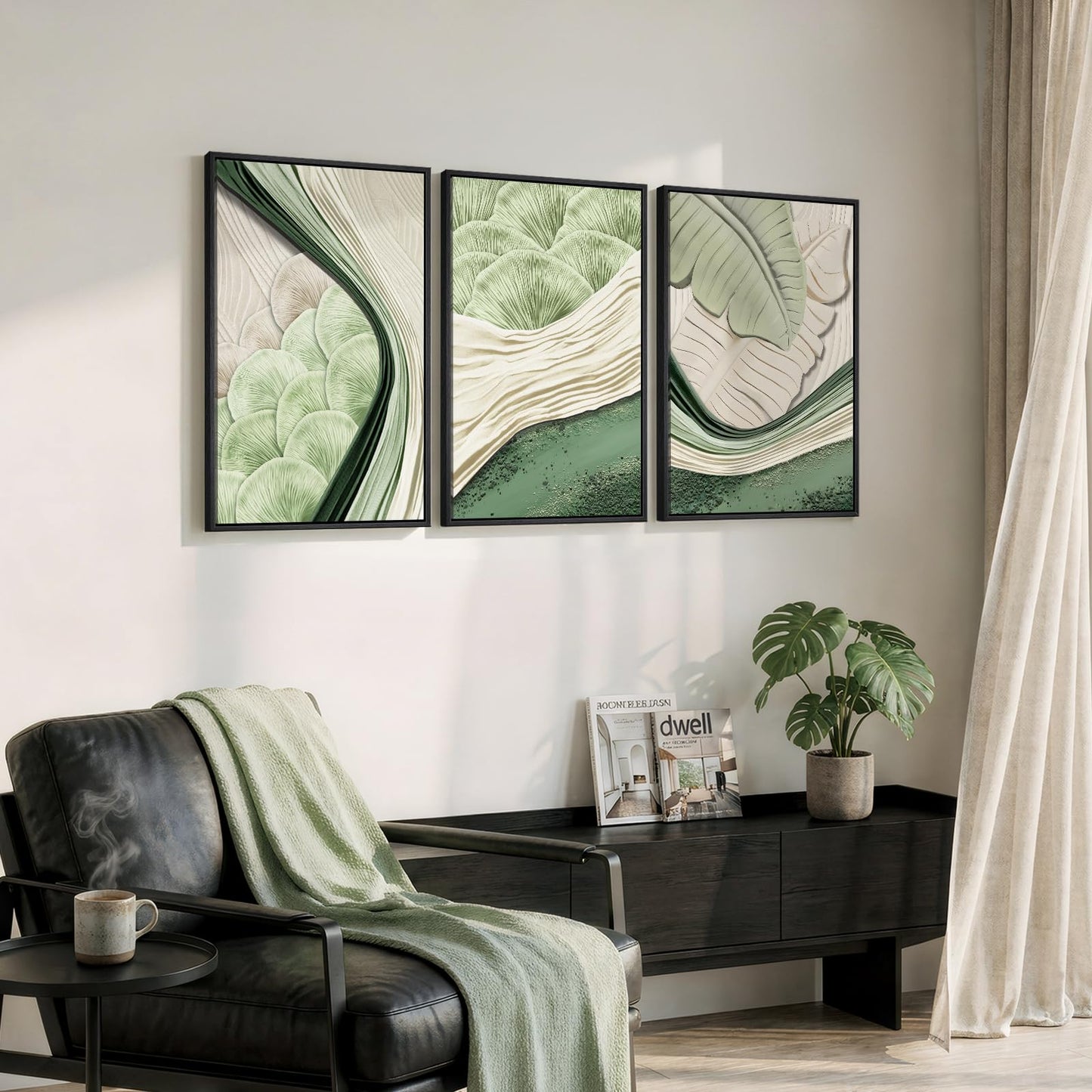 Framed Green Abstract Wall Art Bedroom, 3 Piece Botanical Modern Minimalist Canvas Print Artwork for Walls, Leaf Paintings Pictures for Small Living Room Dining Room Office Wall Art Decor, 16x24 Inch