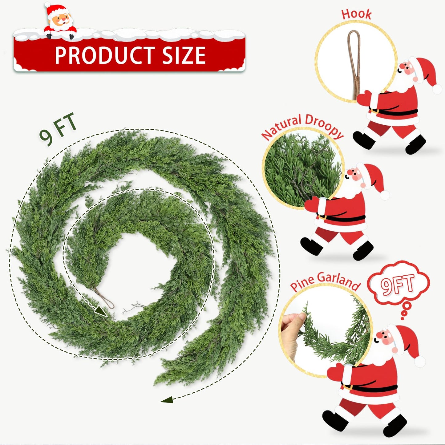 9Ft Christmas Garland for Staircase Railing Soft Bendable Real Touch Artificial Cedar Pine Green Xmas Mantle Garland for Fireplace Porch Table Home Room Yard Christmas Indoor Outdoor Decor(Cedar Pine)