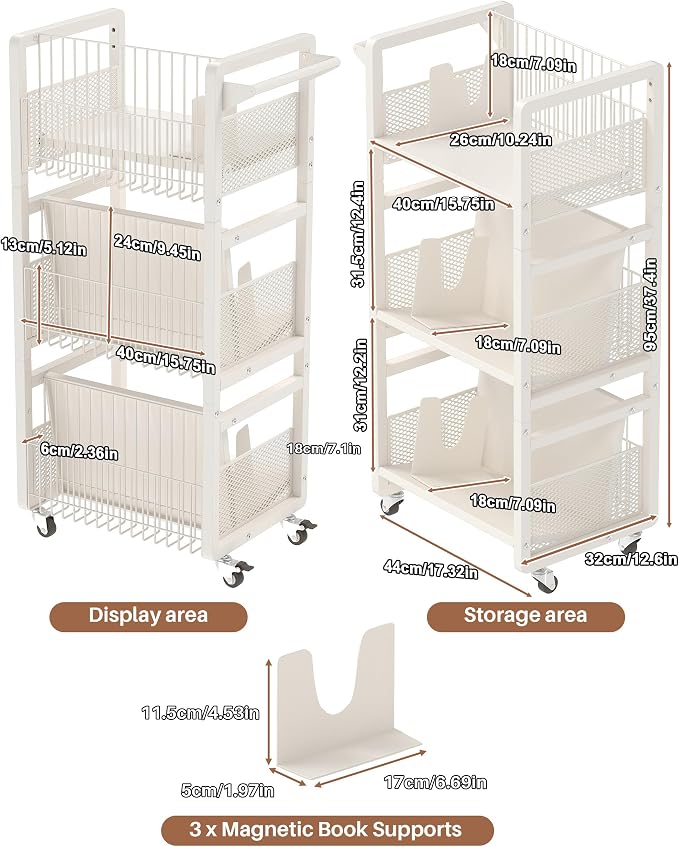 UMDONX Heavy-Duty Double-Sided Book Cart with Silent Wheels and 3 Magnetic Book Shelves, Rolling Book Shelf, Library Book Cart, Suitable for Home, Office, or School （White）
