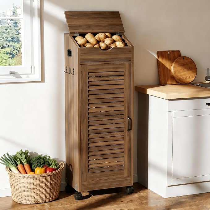 AwayHome 4 Tier Large Potato Storage Bin, Wood Bread Box with Lid and Wheels, Movable Potato and Onion Storage Bin,Decorative Fruit and Vegetable Organization Cabinet for Kitchen,Pantry
