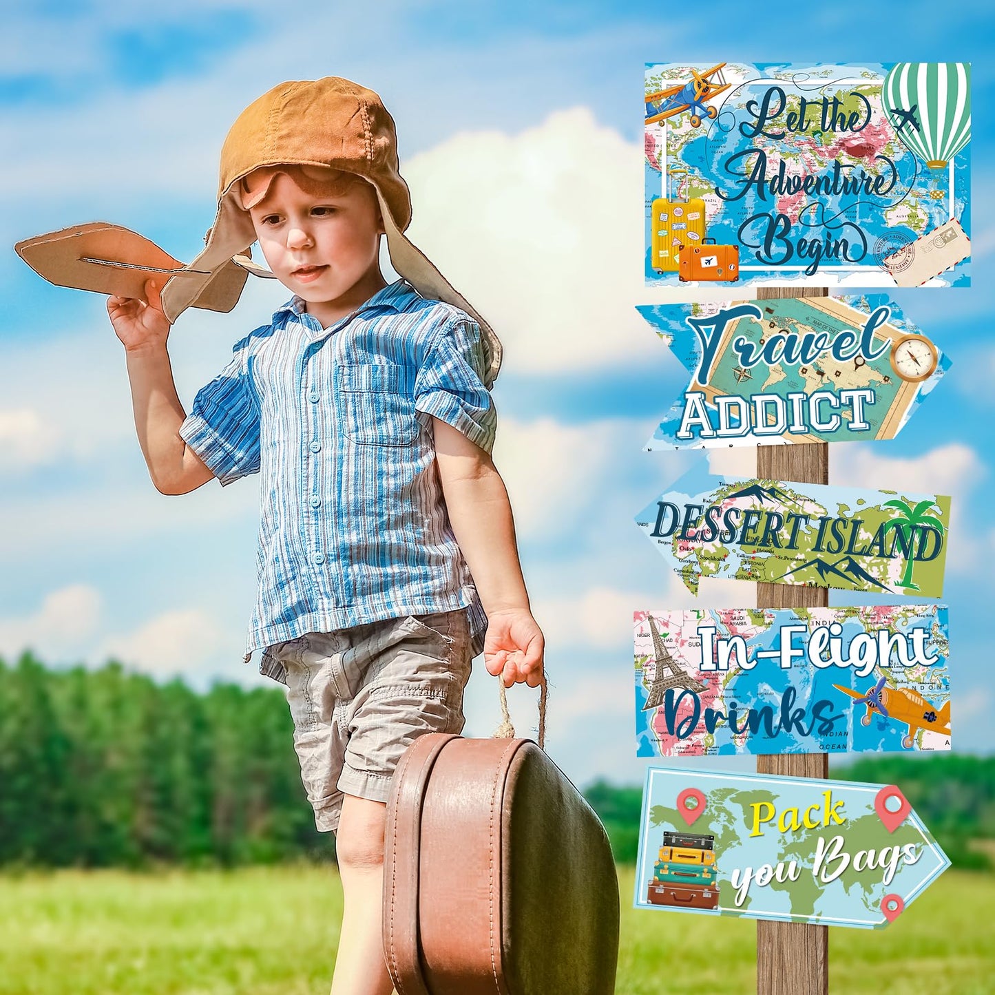 20 Pieces Travel Party Signs Travel Themed Party Decorations Let The Adventure Begin Sign Around the World Decorations Bon Voyage Party Wall Door Porch Yard Sign Travel Party Supplies