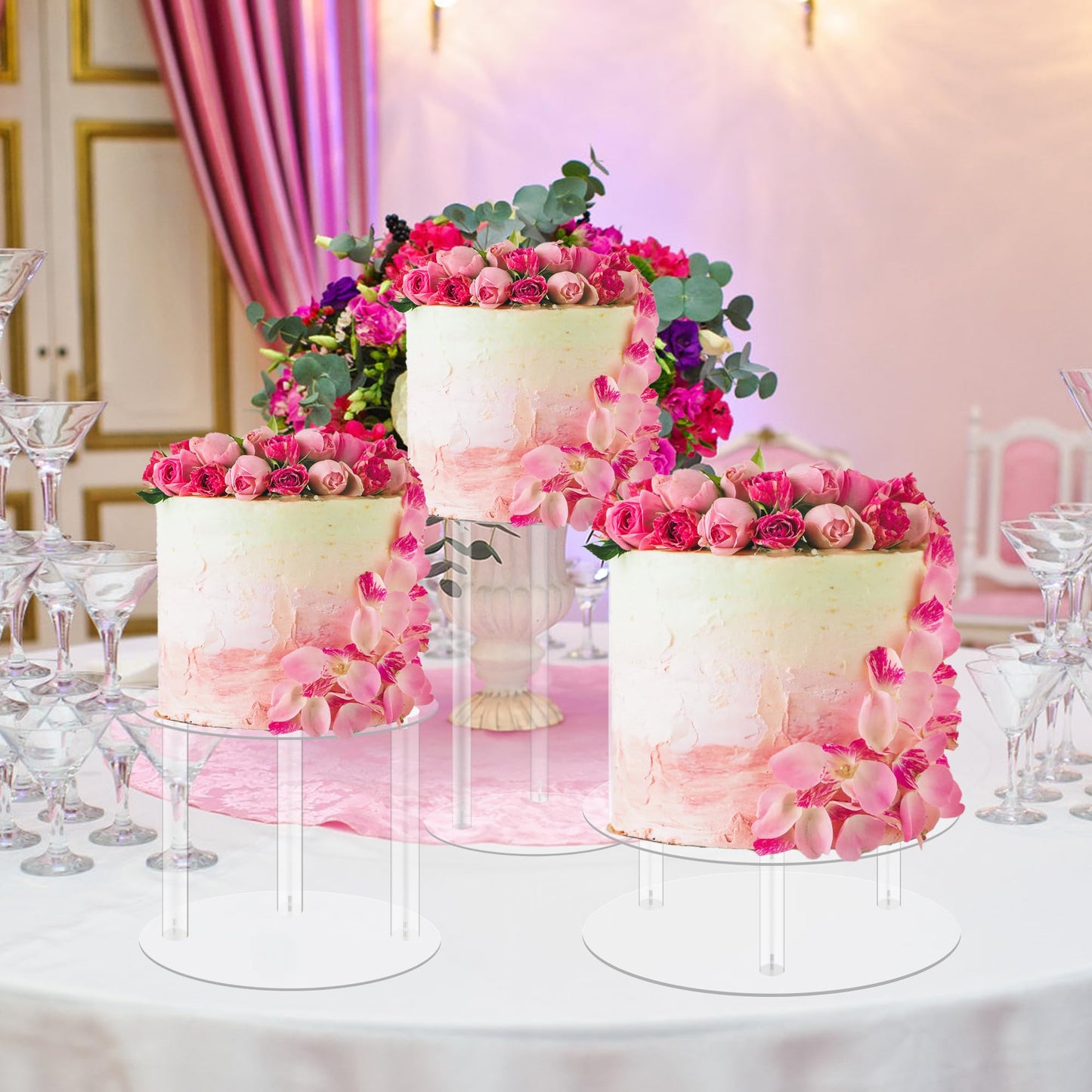 Jusalpha 3 Tier Large Acrylic Glass Round Wedding Cake Stand, Food Display Stand, Cupcake Stand, Dessert Display Platter WCS02 (3 tier with base tier)