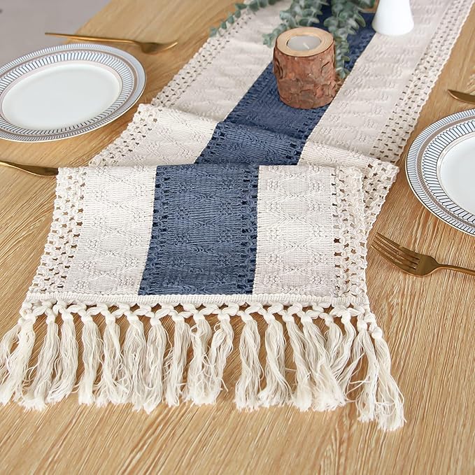 FEXIA Boho Blue Table Runner 90 Inches Long with Tassels Macrame Farmhouse Summer Style Graduation Party Rustic Wedding Baby Shower Dining Kitchen Living Room Decor (12x90 Inches)