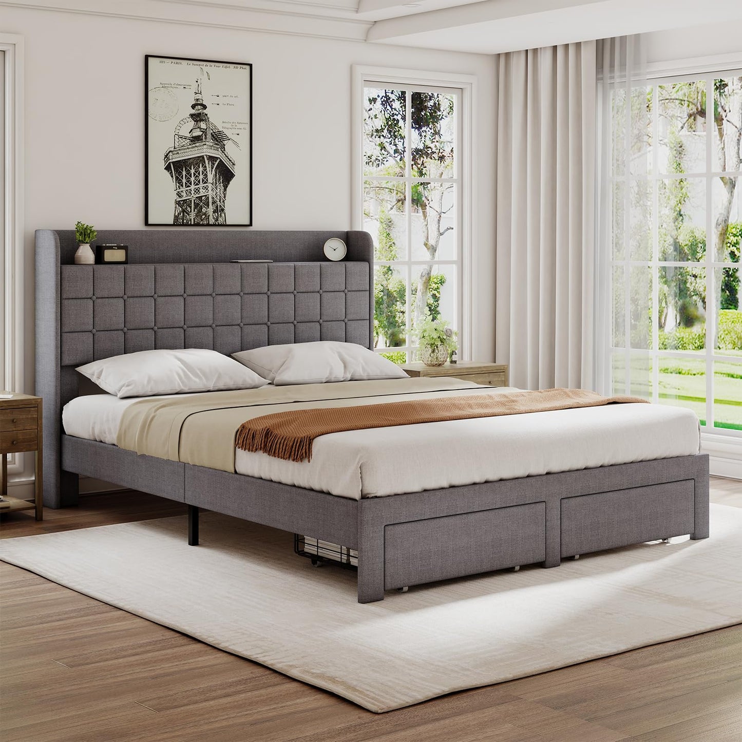 HAPPYMONT Queen Size Upholstered Bed Frame with Storage Drawers, Platform Bed with Fabric Headboard, Wooden Slats Support, No Box Spring Needed, Easy Assembly, Gray
