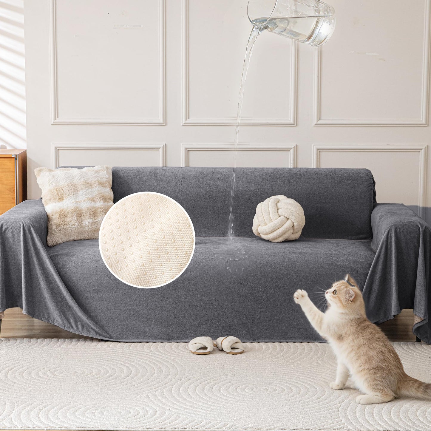 KaviKon Waterproof Couch Covers for 3 Cushion, Non Slip Cat-Scratch Resistant Sofa Couch Covers for Dogs, Pet Friendly Couch Protectors Slipcovers, Washable Furniture Covers for Pets, 71" x 118", Grey