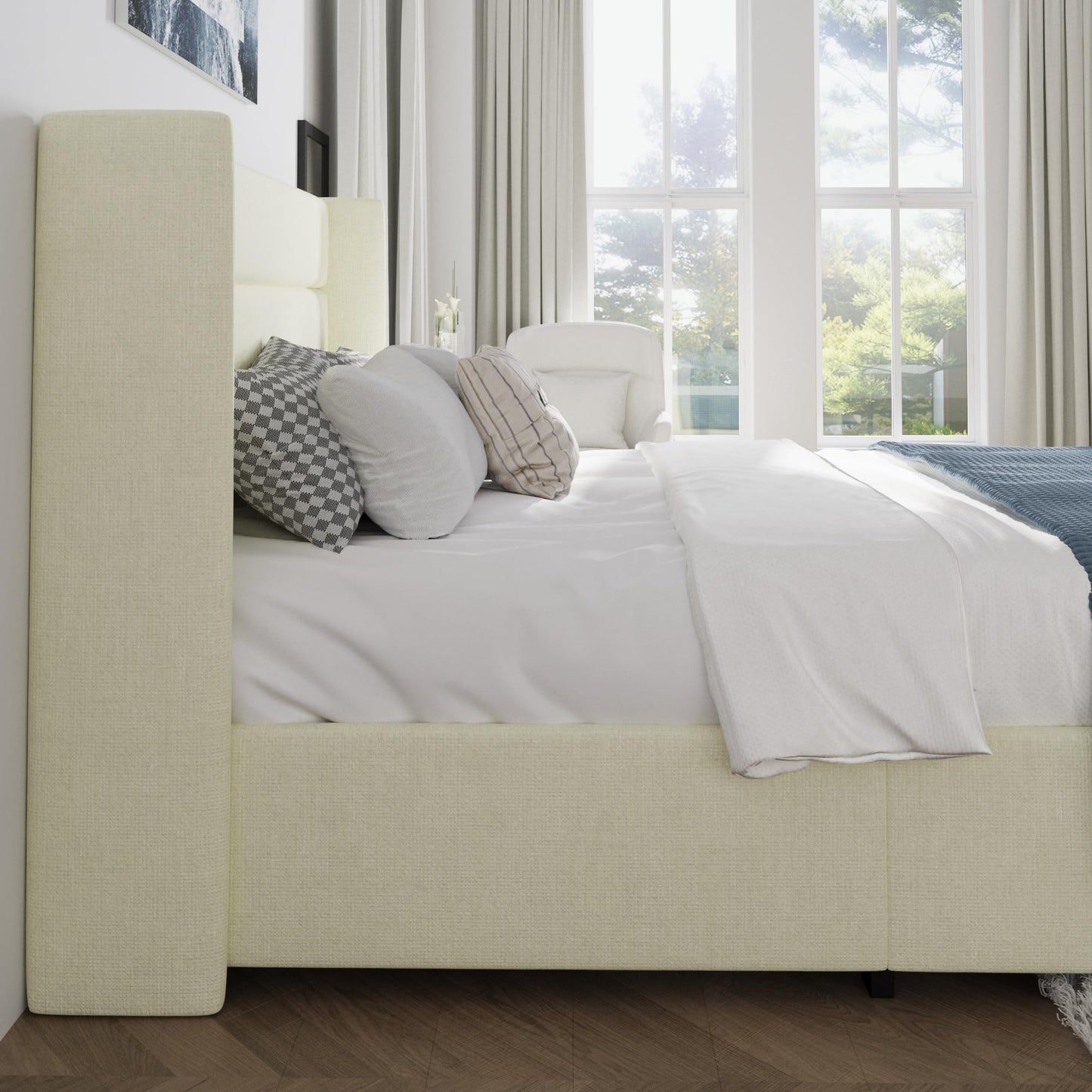 SHA CERLIN Queen Size Lift Up Storage Bed/Chenille Fabric Upholstered/Modern Wingback Headboard/Platform Bed Frame/Hydraulic Storage/No Box Spring Needed/Wood Slats Support/Cream