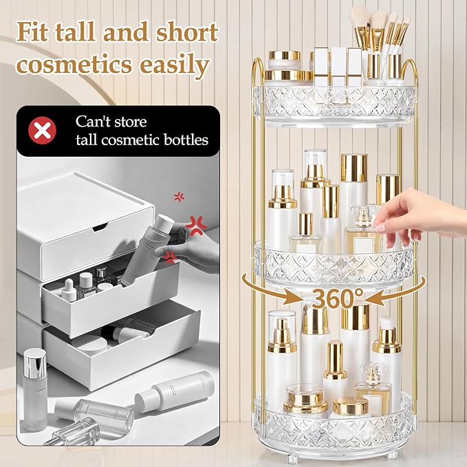 360 Rotating Makeup Organizer for Vanity, 3 Tier Adjustable Perfume Organizer for Dresser, Multi-Function Spinning Cosmetics Skincare Storage for Bedroom, Dresser, Countertop, Clear
