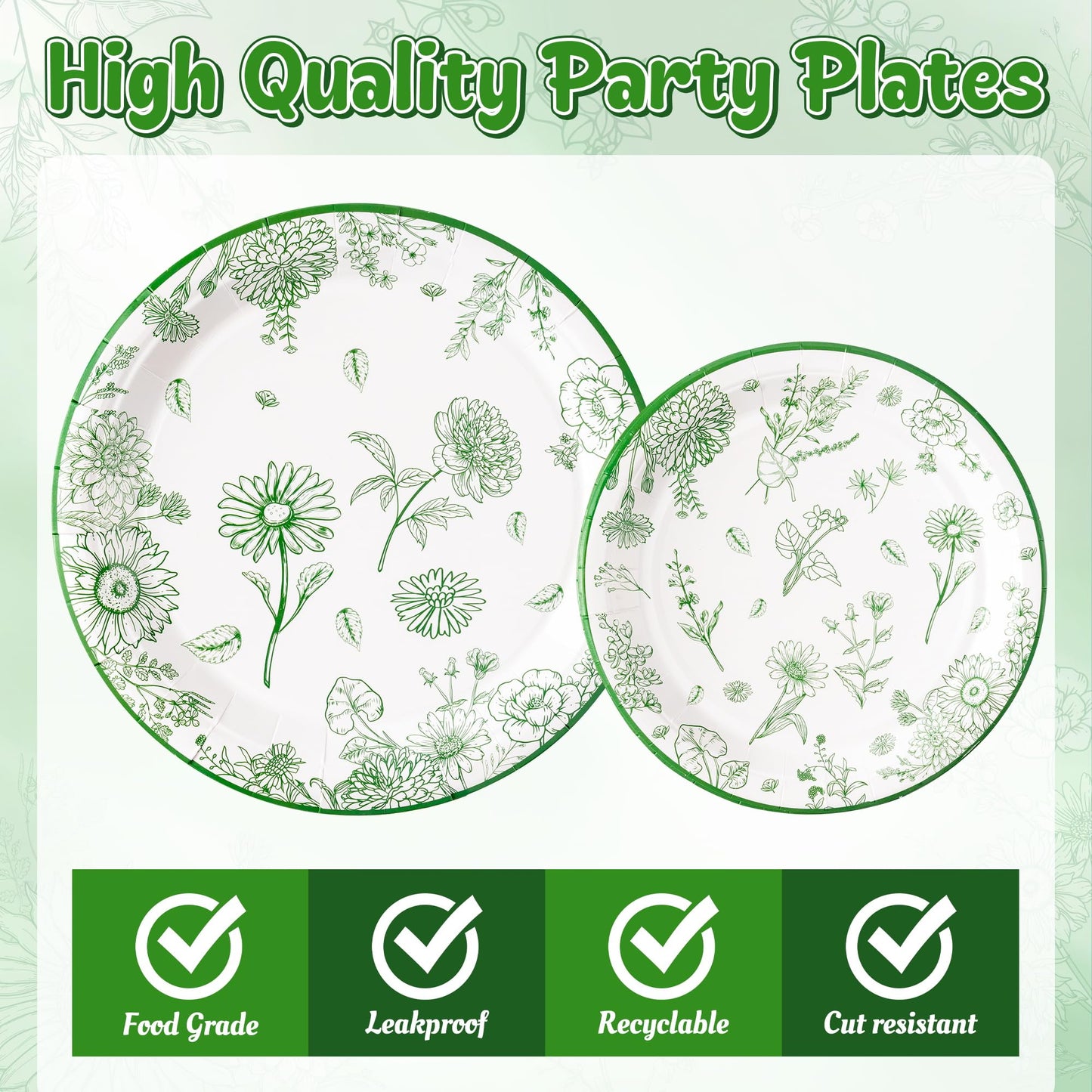 G1ngtar 96Pcs Sage Green Floral Party Plates Supplies Green Toile Chinoiserie Flower Tableware Decorations Disposable Paper Plates Napkins Forks for Birthday Spring Summer Party Wedding, Serves 24