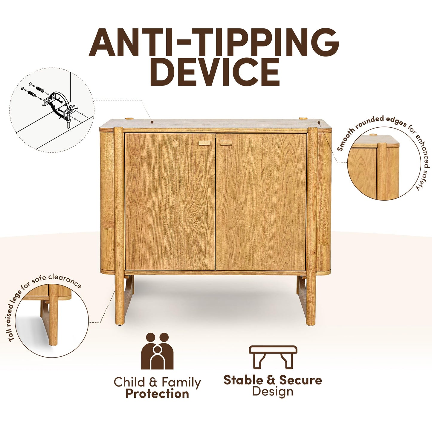 AllForWood Apollo Mid-Century Modern Wooden Accent Cabinet, Buffet and Media Console, Storage Cabinet with Solid Wood Legs, Soft-Closed Hinges and Adjustable Shelves (Light Oak)