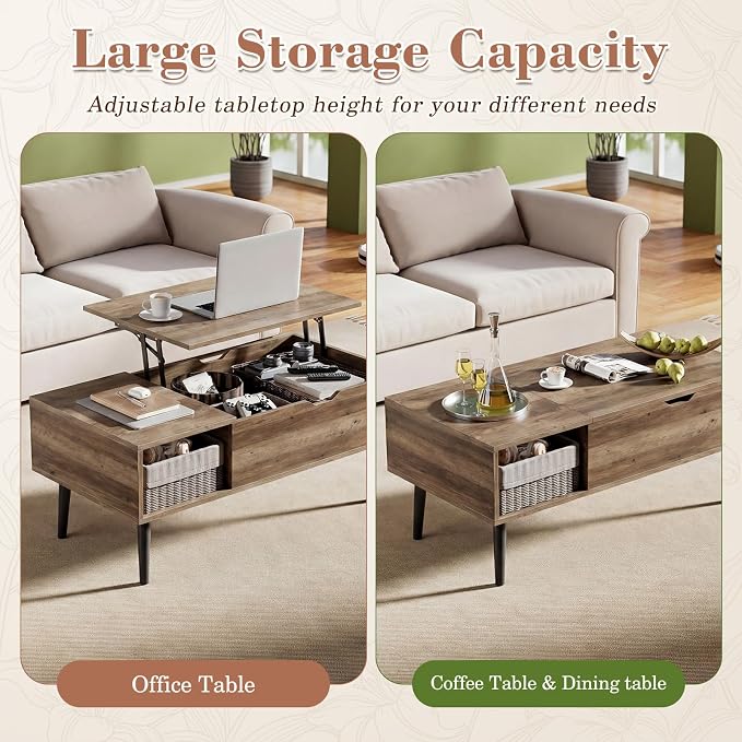 OLIXIS Wooden Coffee Table, Lift Top Coffee Stand with Large Hidden Compartment and Ample Storage Shelf, Lift Tabletop Dining Table for Living Room, Home Small Space, Grey