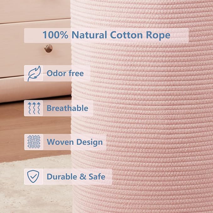 80L Extra Large Pink Hamper Laundry Basket for Baby Girls Tall Nursery Hamper for Kids Woven Rope Clothes Basket for Little Girls Room Bedroom Light Pink Kawaii 16"D x 22"H