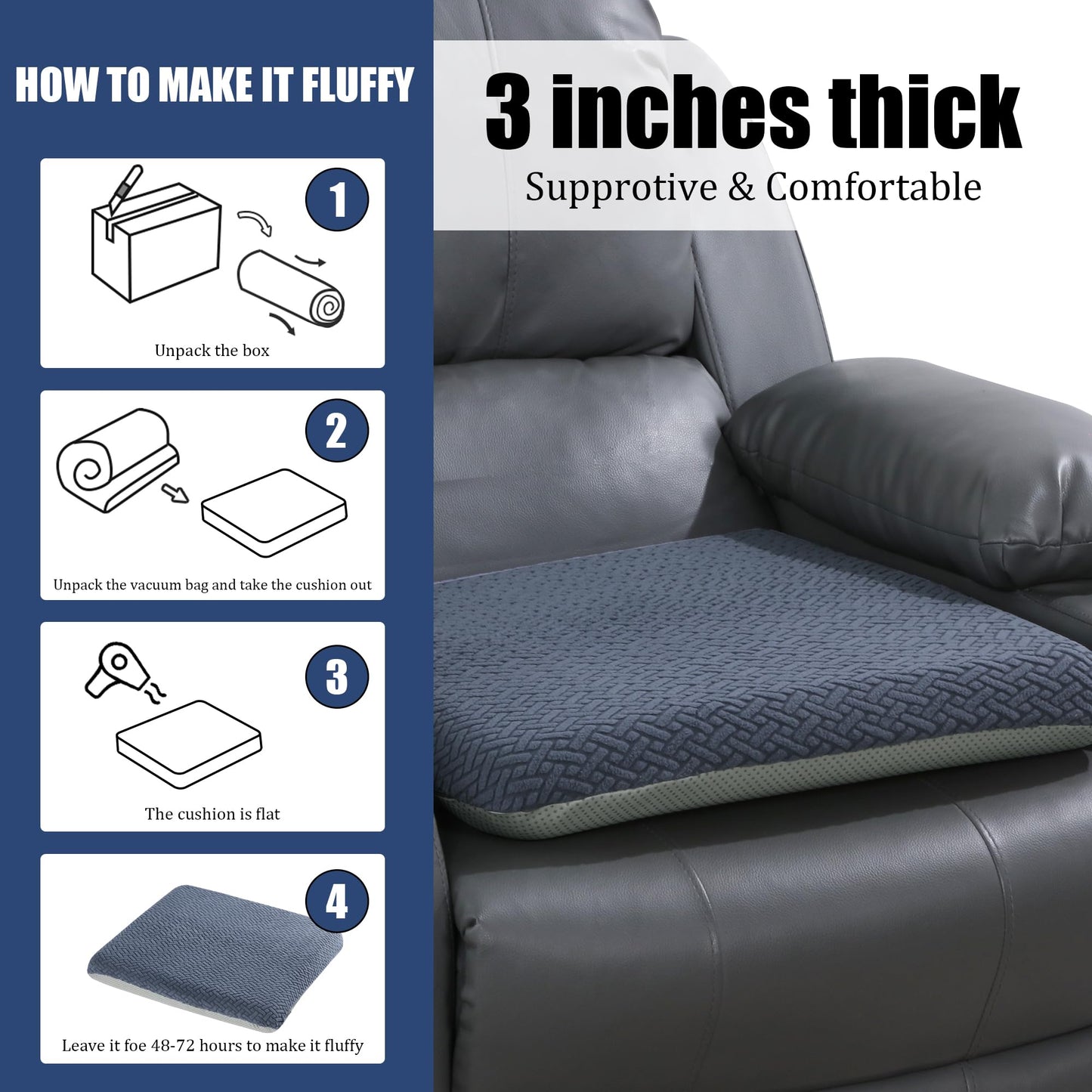 HOMBYS Tufted Furry Recliner Seat Cushion for Elderly Foam Curved Edge Large Square Seat Cushion for Recliner Chair, Floor Pillow, Office Chair, Car, No Pressure on Thighs(Grey)