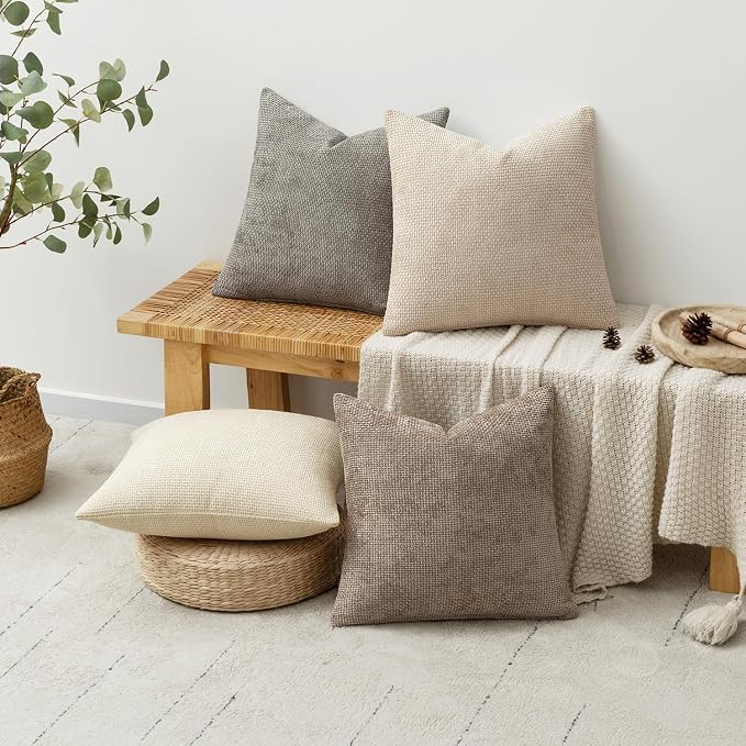 MIULEE Pack of 4 Couch Throw Pillow Covers 22x22 Inch Neutral Beige/Brown Soft Decorative Chenille Pillow Covers Farmhouse Accent Cushion Covers for Boho Spring Home Decor Sofa Bedroom Living Room