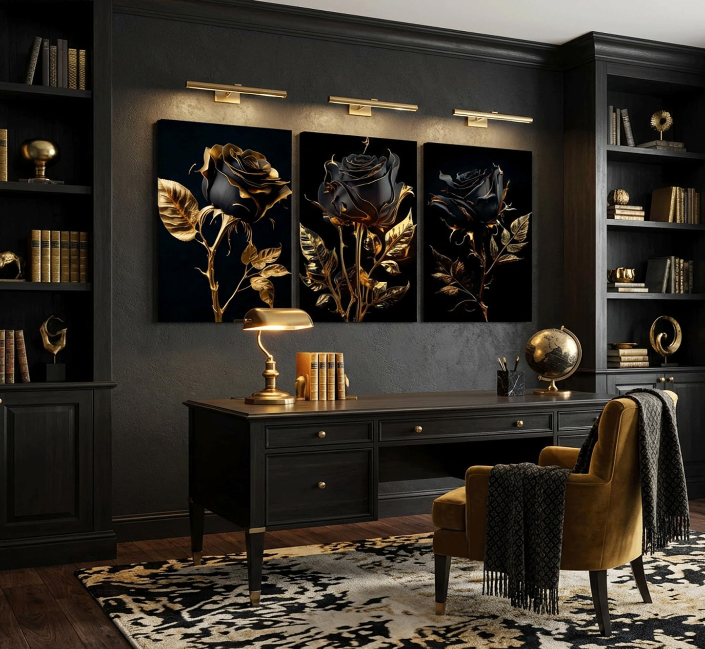 3Pcs Black And Gold Rose Canvas Wall Art Modern Luxury Flowers Pictures Wall Decor Abstract Elegant Rose Dark Posters Prints for Living Room Bedroom Office Bathroom Ready To Hang