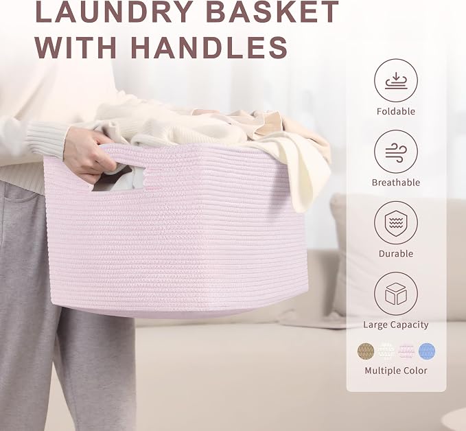 60L Small Baby Girls Laundry Basket for Nursery Storage,Cute Woven cotton Rope Baskets for Kids Toy，Gifts, Boho Square Wicker Blanket hamper for Living Room,Bedroom Dirty Clothes,Pink
