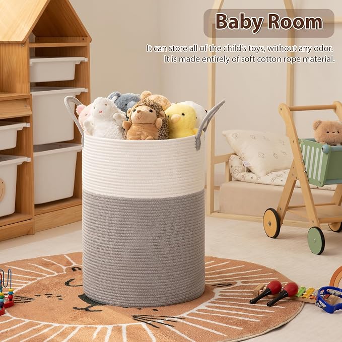OIAHOMY Large Laundry Basket Hamper - 80L Cotton Rope Woven Basket for Blankets, Toys, Clothes - Tall Decorative Nursery Hamper with Long Handles, Grey/White