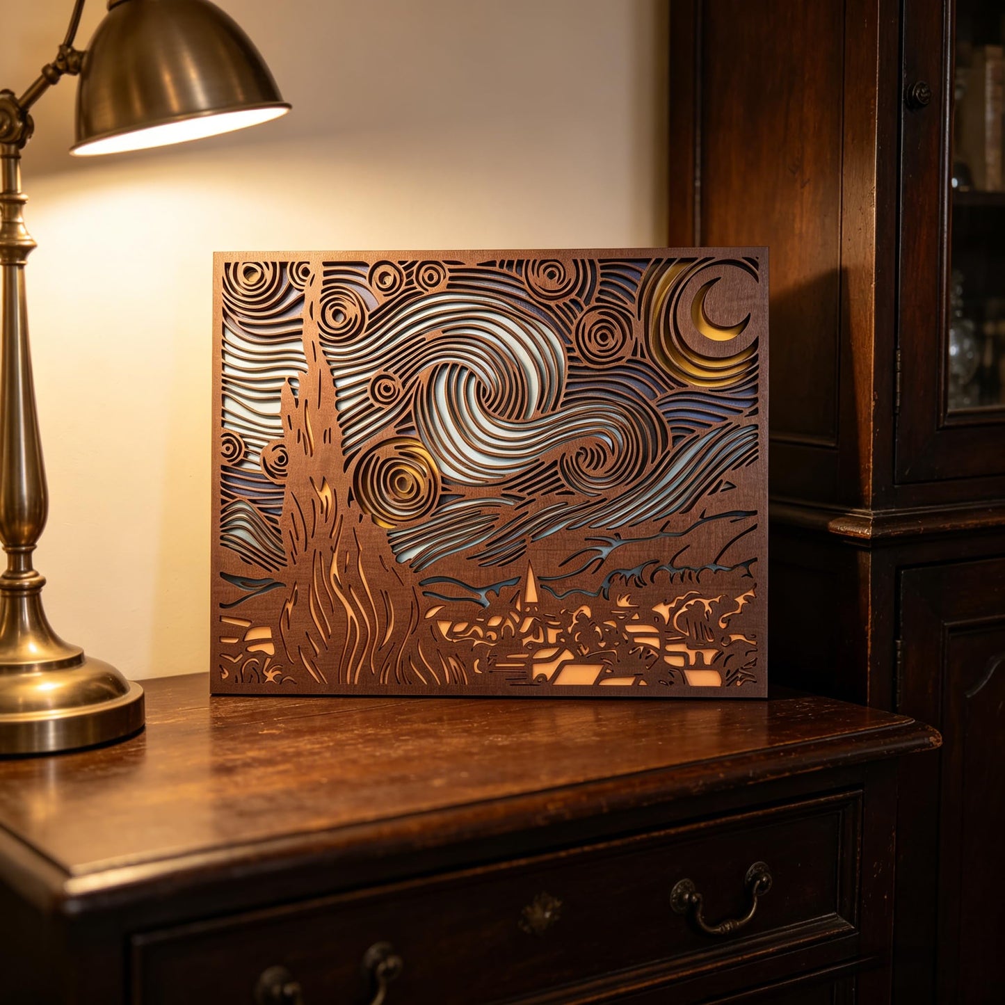 Starry Night Wood Wall Art, 5-Layer Laser Cut, 3D Multilayer Decor, 16x12 inch, Van Gogh Inspired