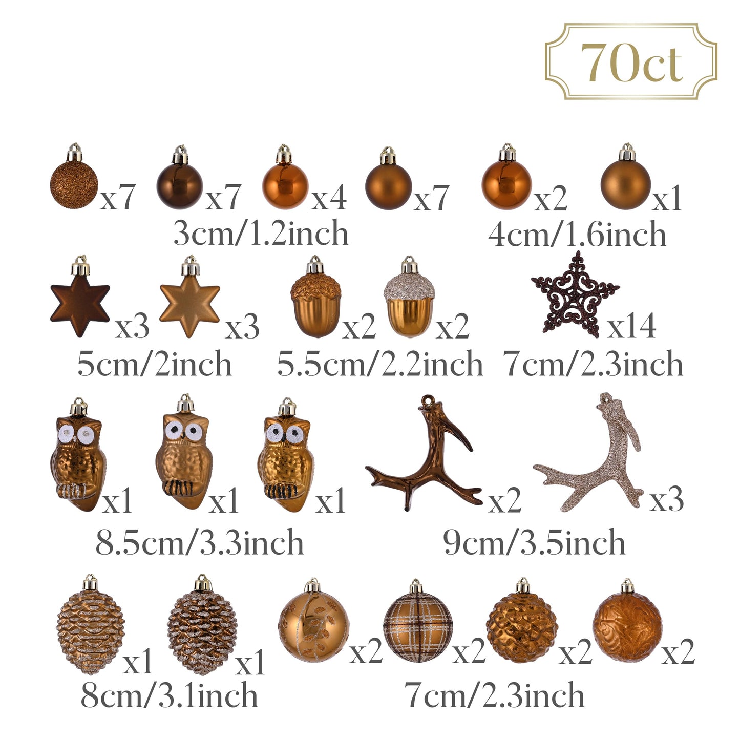 Valery Madelyn Ornaments for Christmas Trees, 70ct Bronze Copper and Gold Shatterproof Christmas Tree Decorations, Woodland Brown Hanging Ball Ornaments Bulk for Xmas Holiday Party Decor