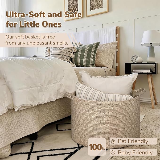 INDRESSME XXXLarge Blanket Basket for Living Room 21.7" x 21.7" x 13.8"-Storage Basket with Handle for Organizing Toy Pillows Woven Wicker Laundry Basket Stuffed Animal Toy Storage for Play Room